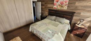 a bedroom with a bed and a wooden wall at Depto 3 in Villarrica