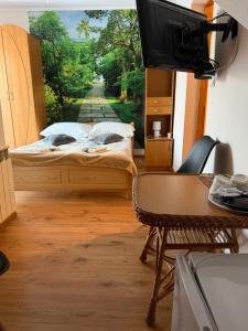 a room with a bed and a tv and a table at Pokoje "U Ani" in Leśnica