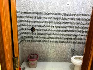 a bathroom with a shower with a toilet at Good Vibes Retreat in Birbhaddar