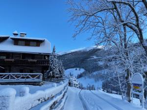 a snow covered road in front of a house at Oswald Lodge - surrounded by nature in Sankt Oswald