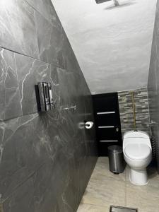 a bathroom with a toilet and a black door at Loft en tequila Jalisco in Tequila +6 photos