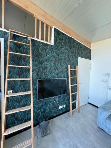 a bedroom with a green wall with a tv and bunk beds at Beach Lodge in Callantsoog