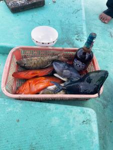 a basket filled with seafood and a bottle of wine at An Phú Villa in Cu Lao Thu