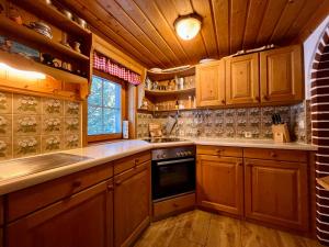 a kitchen with wooden cabinets and a stove top oven at Die Petzl Hütte - Kreischbergblick in Kaindorf