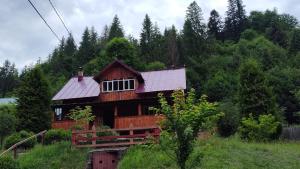 a large wooden house with a metal roof at Cabana Iraclie in Voronet