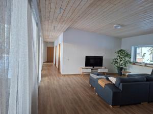 a living room with a couch and a tv at Puhkemaja Pühajärvel in Otepää