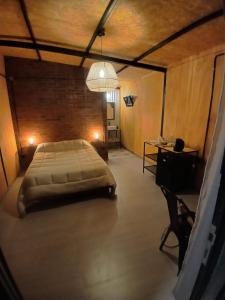 a large bedroom with a bed and a chandelier at Alamos in Puerto Madryn