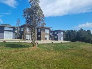 a house on a hill with a tree in a field at Cabañas alto Volcanes, Puerto Montt in Puerto Montt