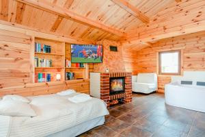 a bedroom with a bed and a fireplace and a tv at Ferienhaus Ustronie I Nr 1 in Ustronie Morskie