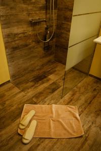 a bathroom with a shower and two shoes on the floor at Agriturismo Cà Vida in Ziano Piacentino