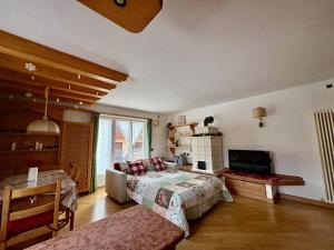 a bedroom with a bed and a couch and a tv at Villa Iris - la prima Villa Vacanze nell'Altopiano in Asiago
