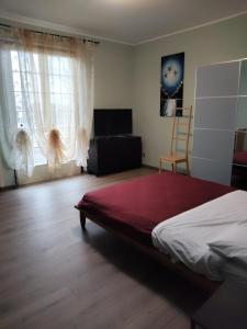 a bedroom with a bed and a chair and window at Malpensa - Bilocale indipendente in Samarate