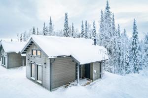 a cabin in the snow with snow covered trees at Villa Mokum by PolarVillas in Kittilä