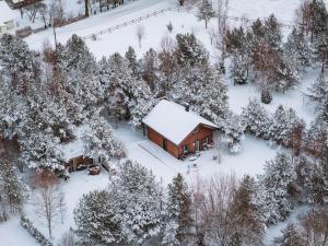 eine Hütte im Schnee mit Bäumen in der Unterkunft Männisalu cozy houses with hot tube and many extras in Mägari