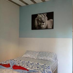 a picture of a lion on the wall next to a bed at Recanto Antônio Costa in Paraty