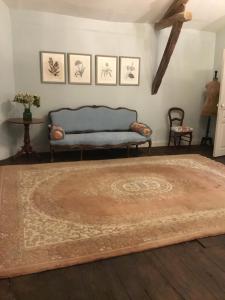 a living room with a blue couch and a rug at Château des Fouilloux in Agris