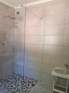 a shower with a glass door next to a sink at Silwerrand in Beaufort West