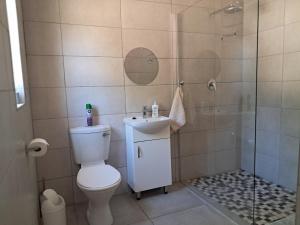 a bathroom with a toilet and a sink and a shower at Silwerrand in Beaufort West