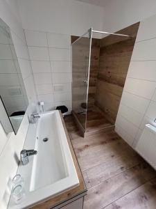 a bathroom with a shower and a sink and a tub at GuestNest-Erfurt in Erfurt +25 photos