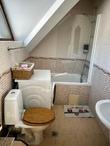 a bathroom with a toilet with a wooden toilet seat at Chalet Hamars - Highland Haven in Razlog +97 photos
