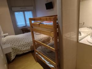 a small bedroom with a bunk bed and a sink at Hôtel des Pyrénées in Laloubère