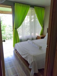 a bedroom with a bed with green curtains and a window at Papaturro House in La Cruz