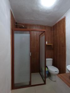 a bathroom with a toilet and a shower with a mirror at Casa León in Orizaba +41 photos