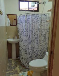 a bathroom with a toilet and a shower curtain at Papaturro House in La Cruz