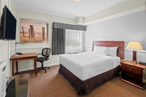 ein Hotelzimmer mit Bett, Schreibtisch und Fernseher in der Unterkunft Elk Island Studios - Lamont in Lamont