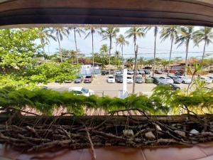 a window view of a parking lot with palm trees at Brisas da Cocanha in Caraguatatuba