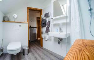 a bathroom with a toilet and a sink at Ferienwohnung Ausblick in Süderbrarup +52 photos