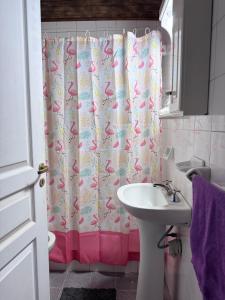 a bathroom with a sink and a shower curtain at La Casa de Ignacia in Estación Ramallo