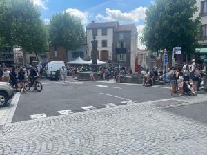 a crowd of people on a city street with a crowd at Logis Hôtel du Commerce in Volvic