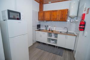 a kitchen with a white refrigerator and wooden cabinets at Apartment II Estrela da Calheta in Calheta