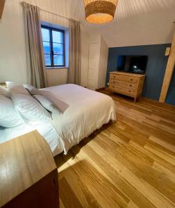 a bedroom with a bed and a dresser and a television at La Villa de Paul - Les Chambres in Yenne
