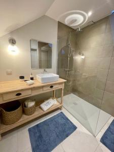 a bathroom with a sink and a shower at La Villa de Paul - Les Chambres in Yenne