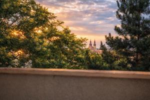 a view of a city from a balcony with trees at Apartman VEMY in Trnava