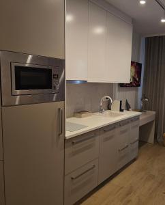 a kitchen with a refrigerator and a sink at Studio Małgosia in Busko-Zdrój
