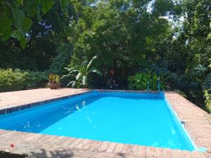 a large blue swimming pool with a brick wall and trees at Quinta Atalaya in General Rodríguez