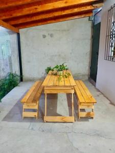 a wooden picnic table with a plant on it at Casa Josefa Cafayate in Cafayate +28 photos