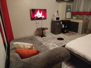 a living room with a couch and a fireplace at LaDee Homes - Cozy Studio in Kakamega