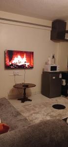 a living room with a fireplace on the wall at LaDee Homes - Cozy Studio in Kakamega