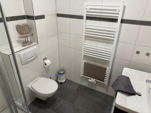 a bathroom with a toilet and a sink at Störtebekers Kuschelnest -265 in Sagard +43 photos