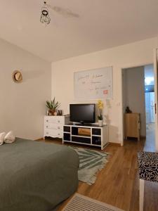 a bedroom with a flat screen tv on a white cabinet at welcome geneva in Geneva