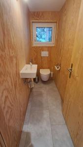 a bathroom with a sink and a toilet and a window at Chalet Suveran 2 in Arosa