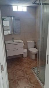 a bathroom with a toilet and a sink and a shower at Casa Naihu in La Listada +24 photos