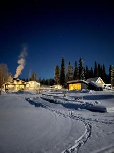 a snow covered yard with a house in the background at Villa Moinalahti in Sirkkakoski +34 photos