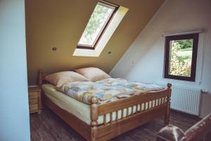 a bedroom with a bed with a skylight at Ferienhaus Vogtland mit Sauna und Hot Tub in Weischlitz