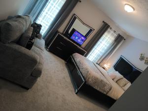 a living room with a couch and a tv at The Monthly stay Apartment for 8, pool and grill in Greensboro