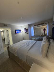 a bedroom with a large bed and a mirror at The Monthly stay Apartment for 8, pool and grill in Greensboro